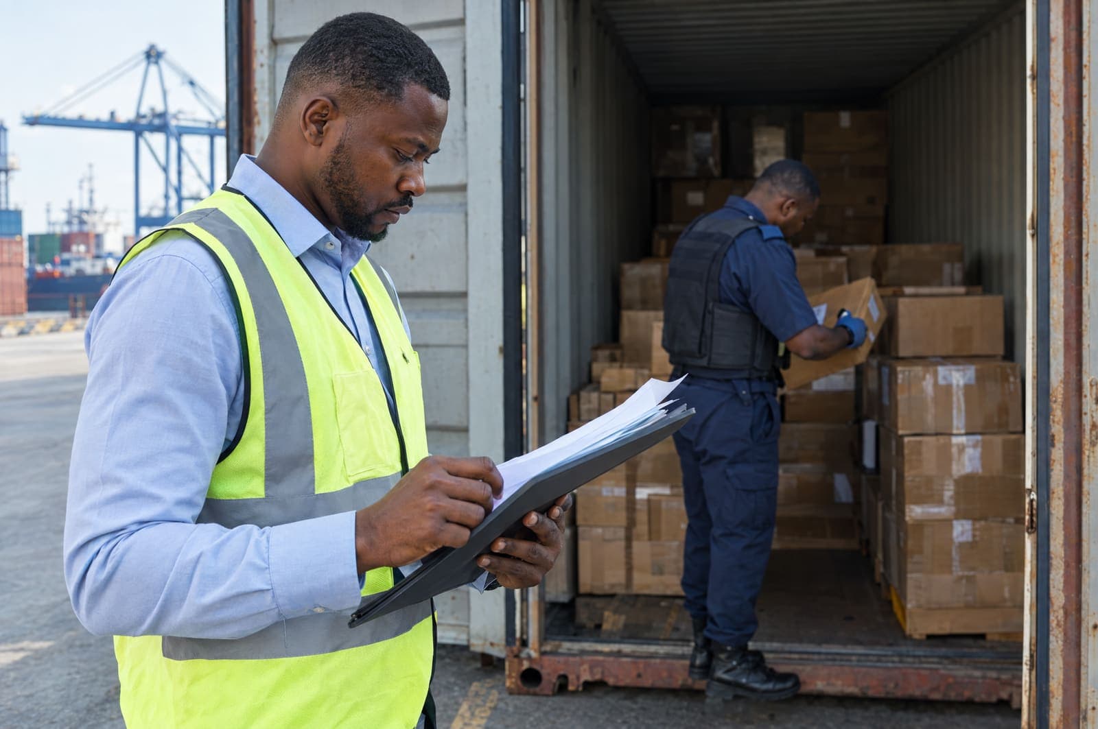A customs broker reviews shipment documents beside an open container under inspection