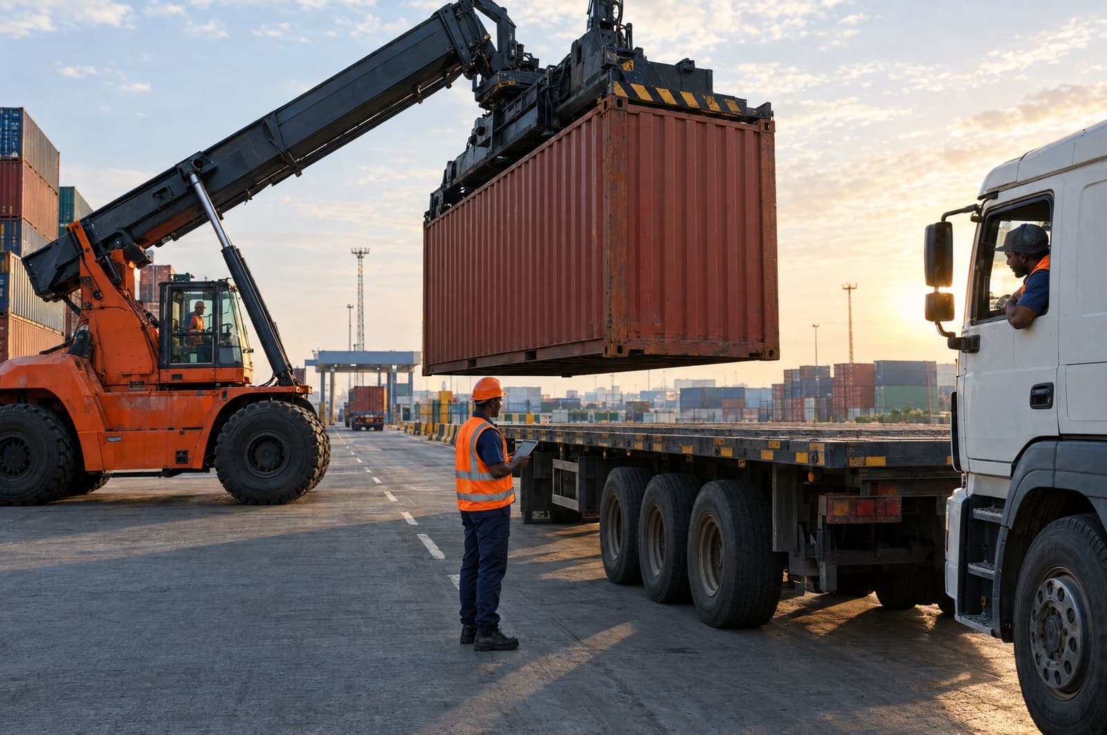 A container is lowered onto a waiting truck as a checker confirms the handover